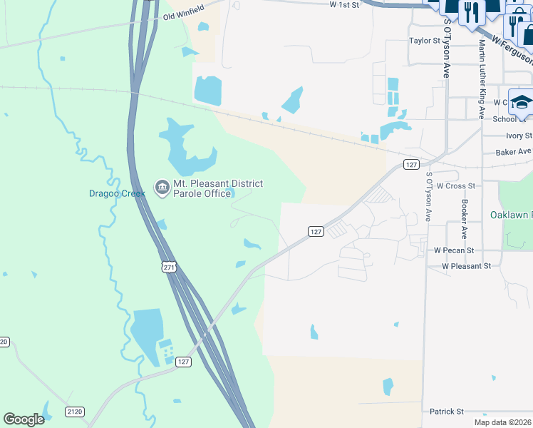map of restaurants, bars, coffee shops, grocery stores, and more near 134 Private Road 2050 in Mount Pleasant