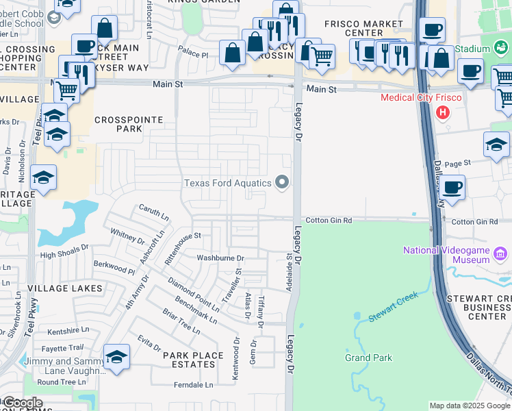 map of restaurants, bars, coffee shops, grocery stores, and more near 4300 Cotton Gin Road in Frisco
