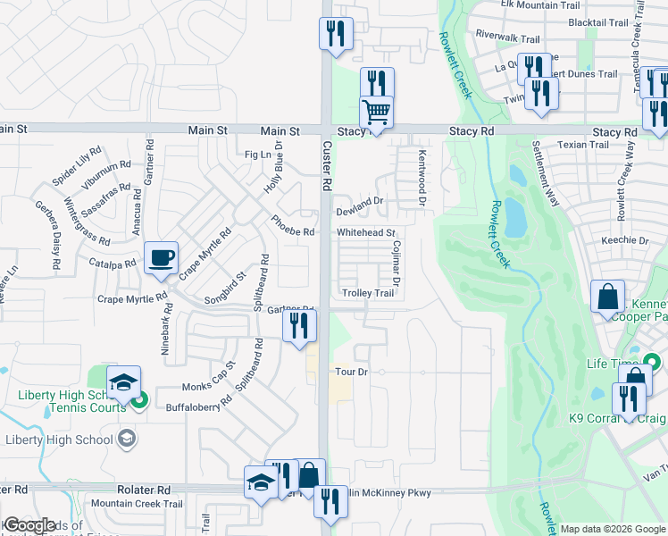 map of restaurants, bars, coffee shops, grocery stores, and more near 8912 Stargazer Drive in McKinney