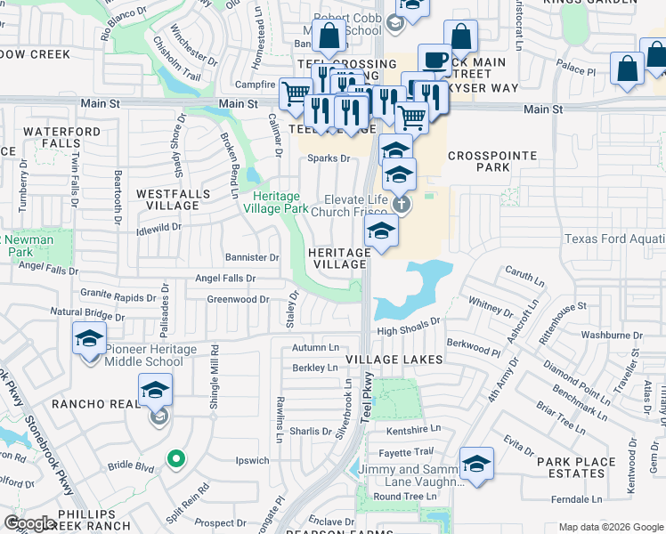 map of restaurants, bars, coffee shops, grocery stores, and more near 8203 Davis Drive in Frisco