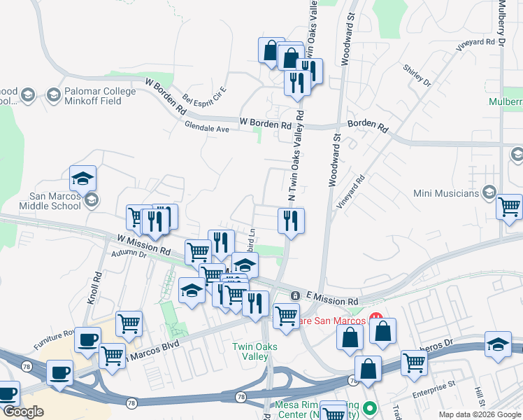 map of restaurants, bars, coffee shops, grocery stores, and more near 138 Christen Way in San Marcos
