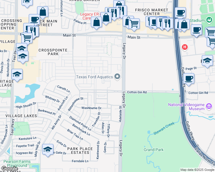 map of restaurants, bars, coffee shops, grocery stores, and more near 4300 Cotton Gin Road in Frisco