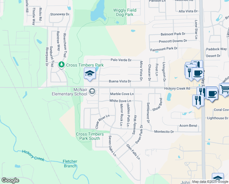 map of restaurants, bars, coffee shops, grocery stores, and more near 1409 Marble Cove Lane in Denton