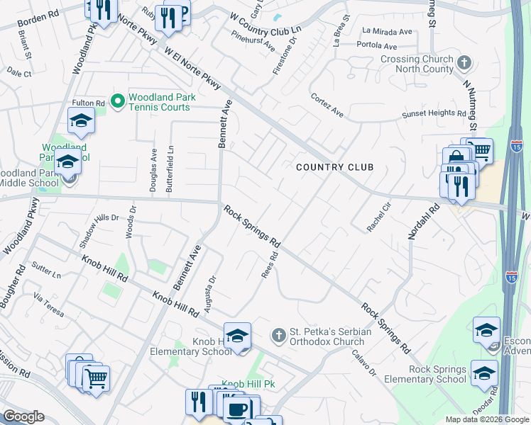 map of restaurants, bars, coffee shops, grocery stores, and more near 1675 Hilcorte Drive in Escondido