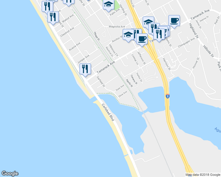 map of restaurants, bars, coffee shops, grocery stores, and more near 229 Chinquapin Avenue in Carlsbad