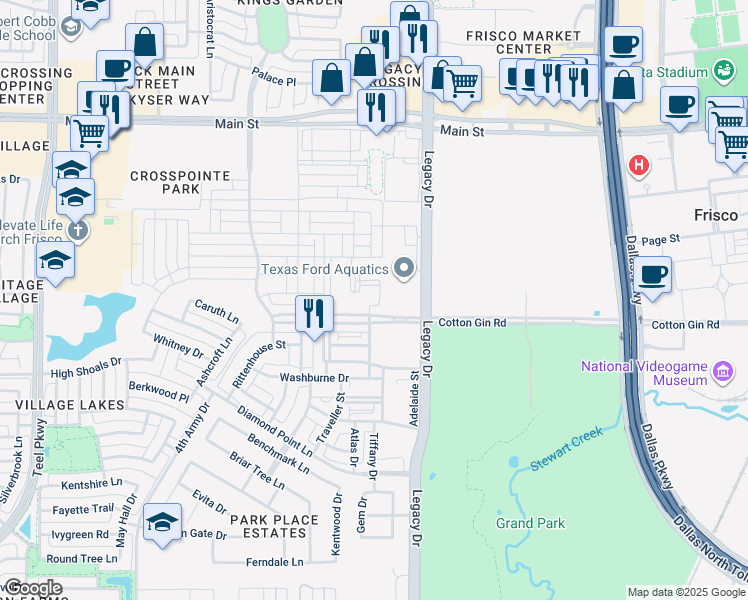 map of restaurants, bars, coffee shops, grocery stores, and more near 4300 Cotton Gin Road in Frisco