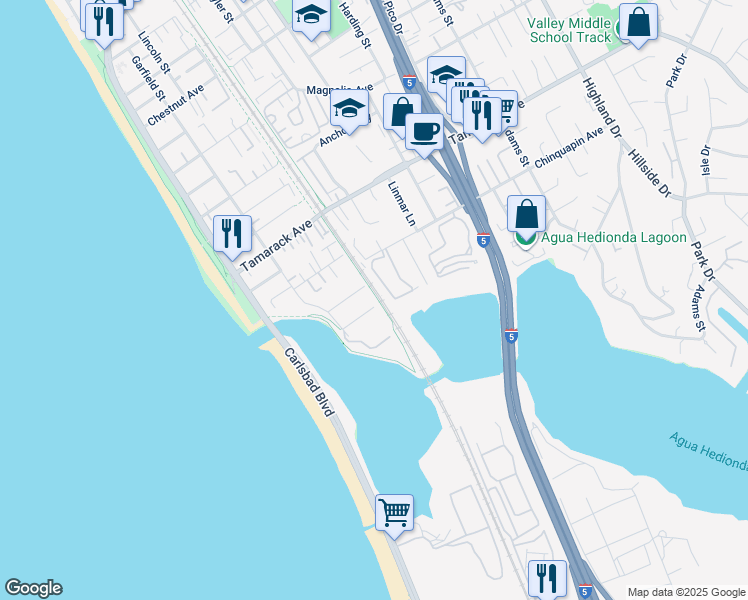 map of restaurants, bars, coffee shops, grocery stores, and more near 352 Olive Avenue in Carlsbad