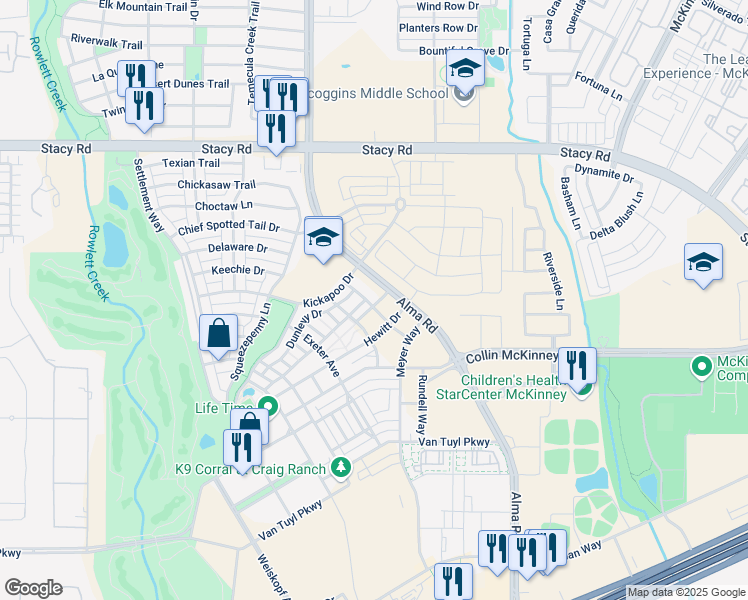 map of restaurants, bars, coffee shops, grocery stores, and more near 6005 The Esplanade in McKinney