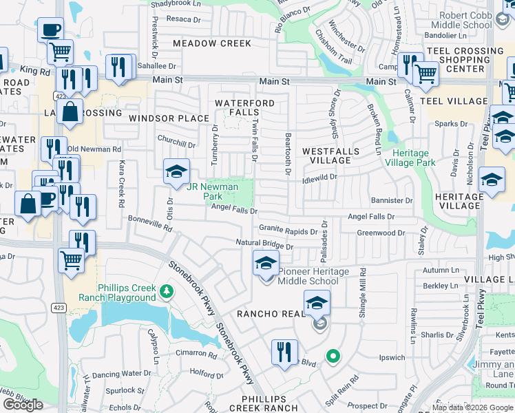 map of restaurants, bars, coffee shops, grocery stores, and more near 20 Twin Falls Drive in Frisco