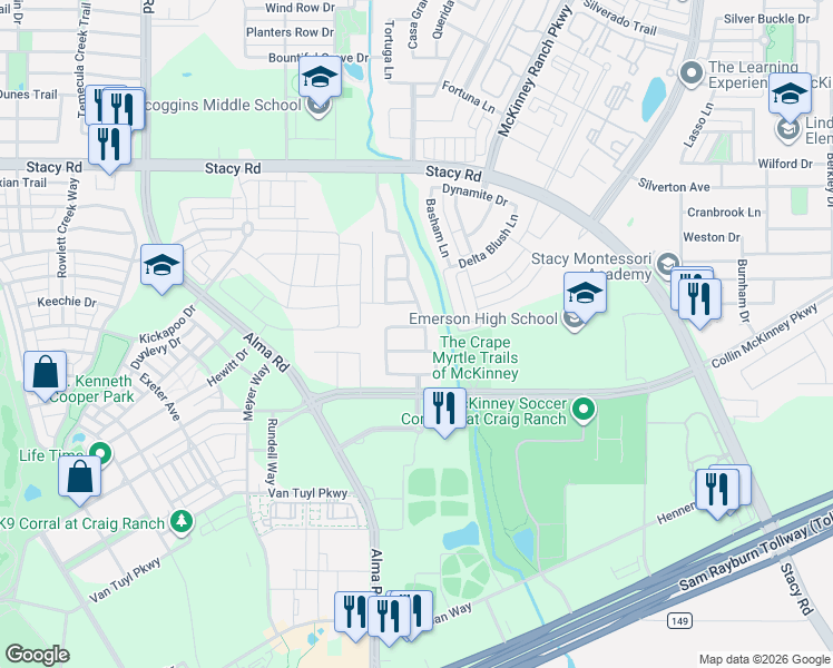 map of restaurants, bars, coffee shops, grocery stores, and more near 6700 Bermuda Avenue in McKinney