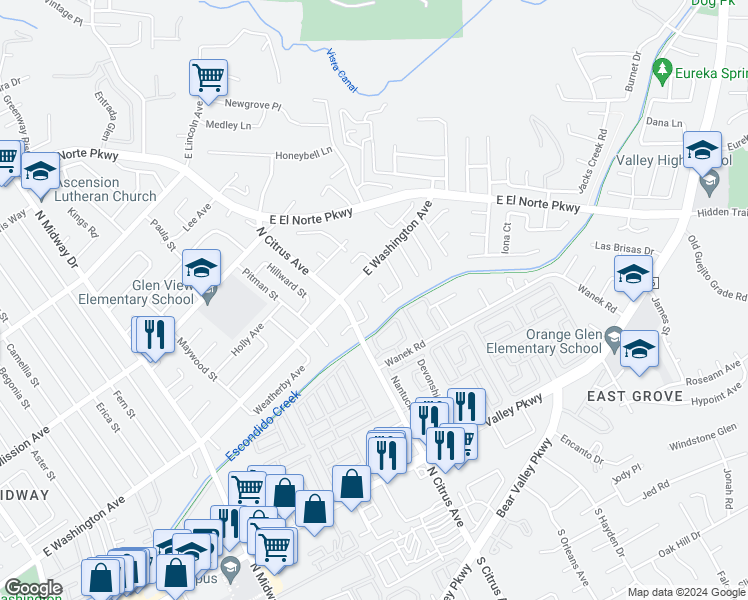 map of restaurants, bars, coffee shops, grocery stores, and more near 2422 Glen Meadow Lane in Escondido