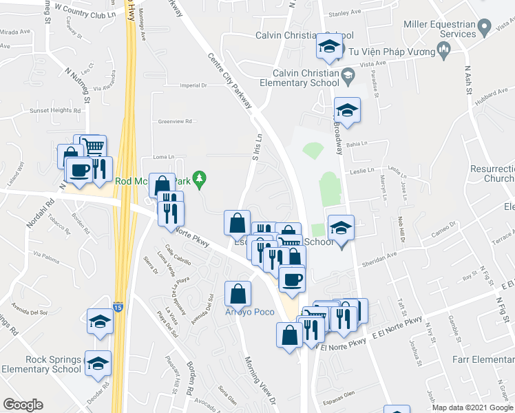 map of restaurants, bars, coffee shops, grocery stores, and more near 416 Beaumont Glen in Escondido