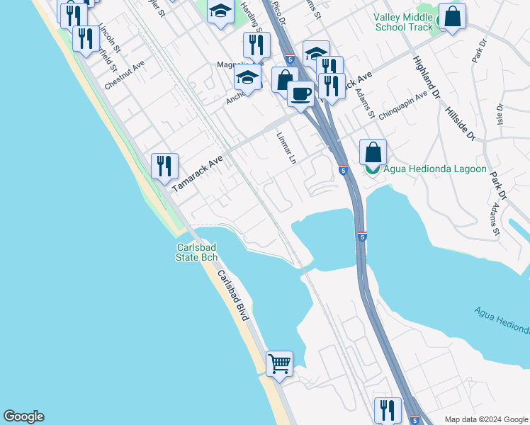 map of restaurants, bars, coffee shops, grocery stores, and more near 352 Olive Avenue in Carlsbad