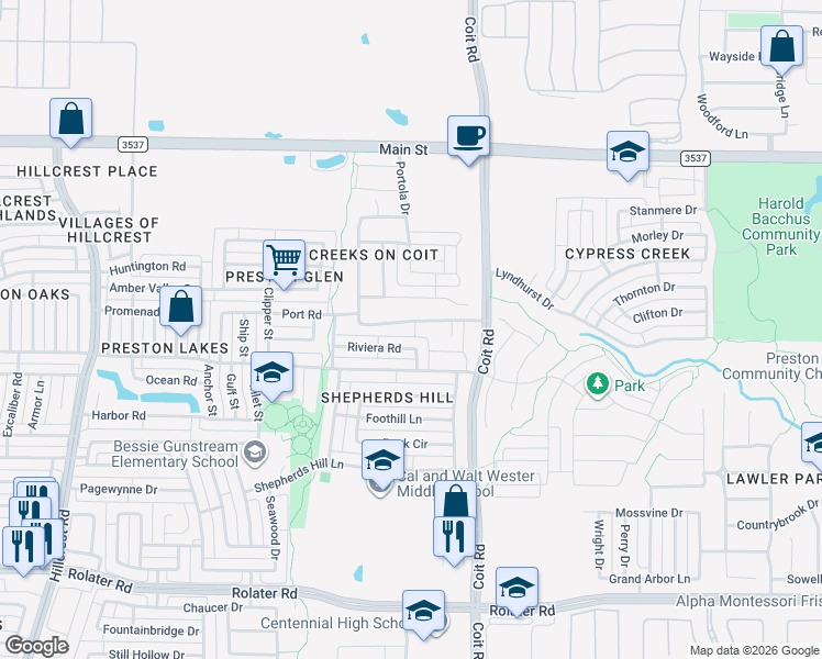 map of restaurants, bars, coffee shops, grocery stores, and more near 12306 Ark Road in Frisco