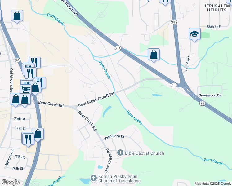 map of restaurants, bars, coffee shops, grocery stores, and more near 504 Bear Creek Cutoff Road in Tuscaloosa