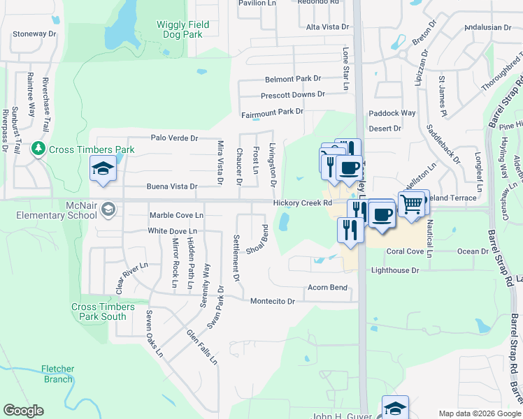 map of restaurants, bars, coffee shops, grocery stores, and more near 2109 Doecrest Drive in Denton