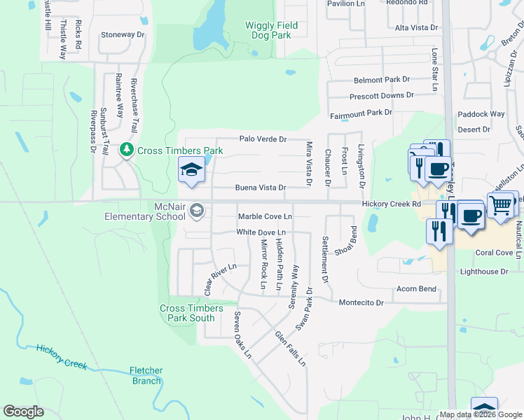 map of restaurants, bars, coffee shops, grocery stores, and more near 1409 Marble Cove Lane in Denton