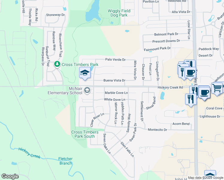 map of restaurants, bars, coffee shops, grocery stores, and more near 1409 Marble Cove Lane in Denton