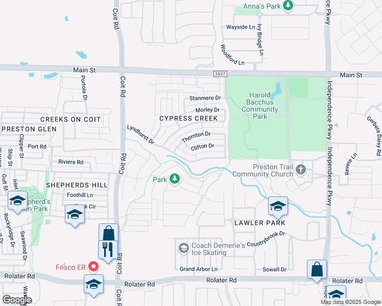 map of restaurants, bars, coffee shops, grocery stores, and more near 13339 Clifton Drive in Frisco