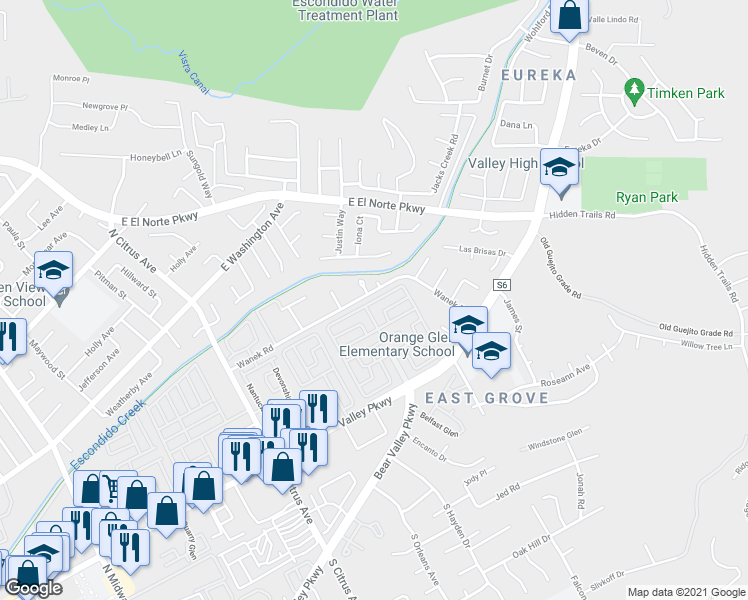 map of restaurants, bars, coffee shops, grocery stores, and more near 2702 Wanek Road in Escondido