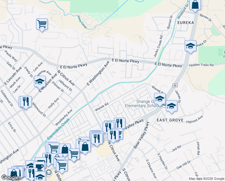 map of restaurants, bars, coffee shops, grocery stores, and more near 2536 White Oak Place in Escondido