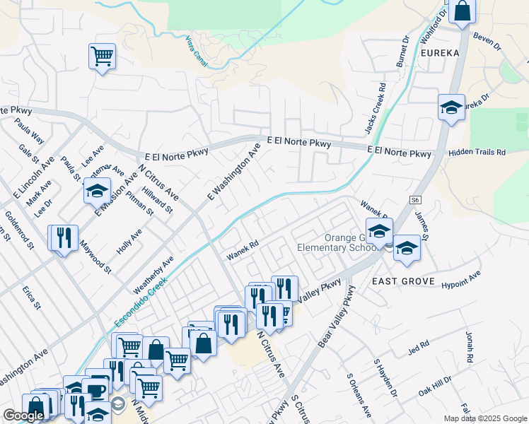 map of restaurants, bars, coffee shops, grocery stores, and more near 2536 White Oak Place in Escondido