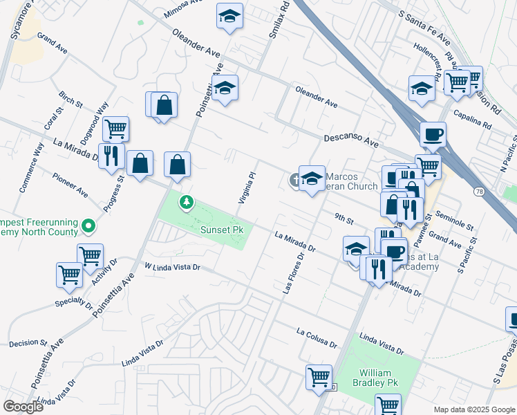 map of restaurants, bars, coffee shops, grocery stores, and more near 714 Sylvis Way in San Marcos