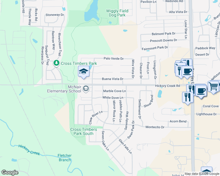 map of restaurants, bars, coffee shops, grocery stores, and more near 1409 Marble Cove Lane in Denton