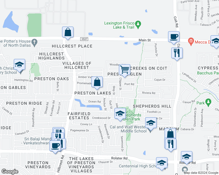 map of restaurants, bars, coffee shops, grocery stores, and more near 8200 Stern Street in Frisco