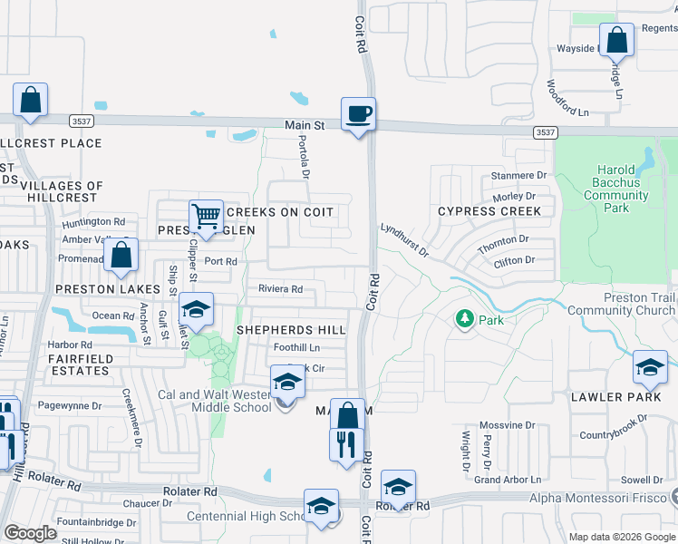 map of restaurants, bars, coffee shops, grocery stores, and more near 12416 Ark Road in Frisco