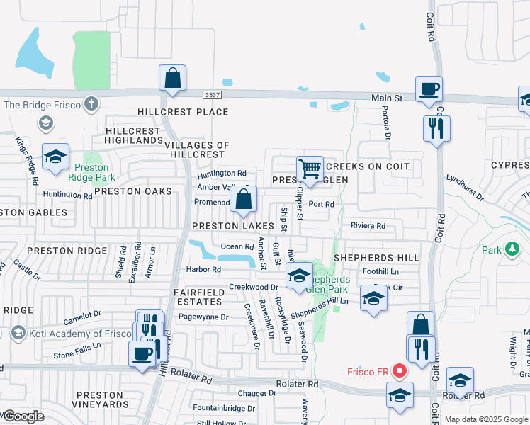 map of restaurants, bars, coffee shops, grocery stores, and more near 8201 Stern Street in Frisco