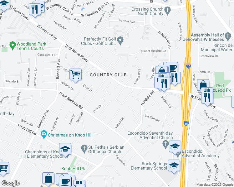 map of restaurants, bars, coffee shops, grocery stores, and more near 1267 Rachel Circle in Escondido