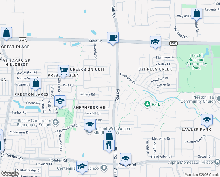 map of restaurants, bars, coffee shops, grocery stores, and more near 12606 Ark Road in Frisco