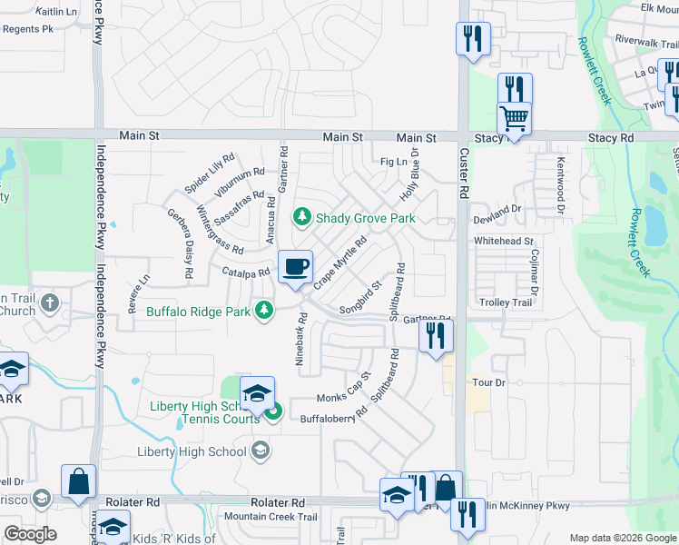 map of restaurants, bars, coffee shops, grocery stores, and more near 15480 Crape Myrtle Road in Frisco