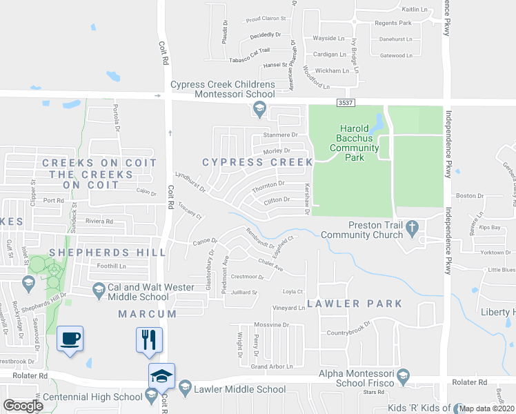 map of restaurants, bars, coffee shops, grocery stores, and more near 13339 Clifton Drive in Frisco