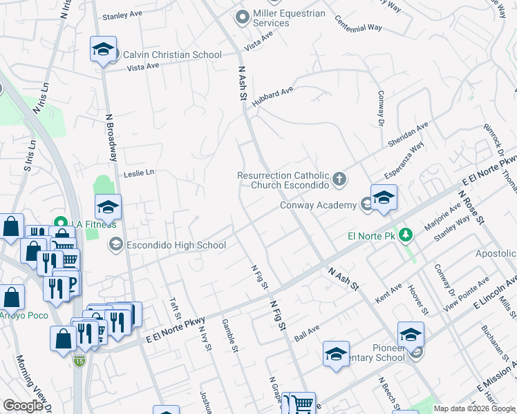map of restaurants, bars, coffee shops, grocery stores, and more near 810 Jacaranda Pl in Escondido