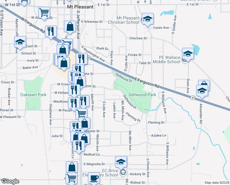 map of restaurants, bars, coffee shops, grocery stores, and more near 402 Dellwood Drive in Mount Pleasant