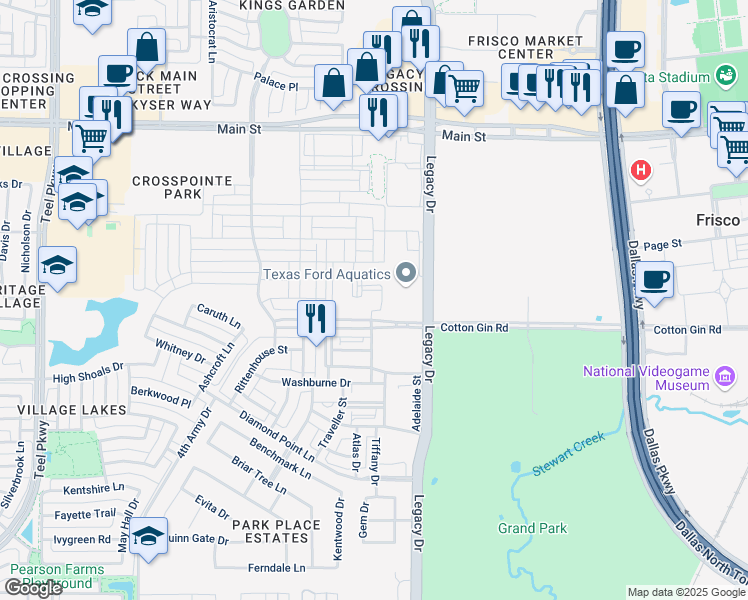map of restaurants, bars, coffee shops, grocery stores, and more near 4300 Cotton Gin Road in Frisco