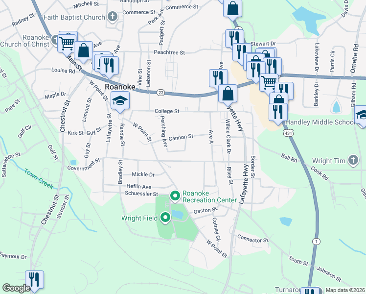 map of restaurants, bars, coffee shops, grocery stores, and more near 320 Wood Avenue in Roanoke