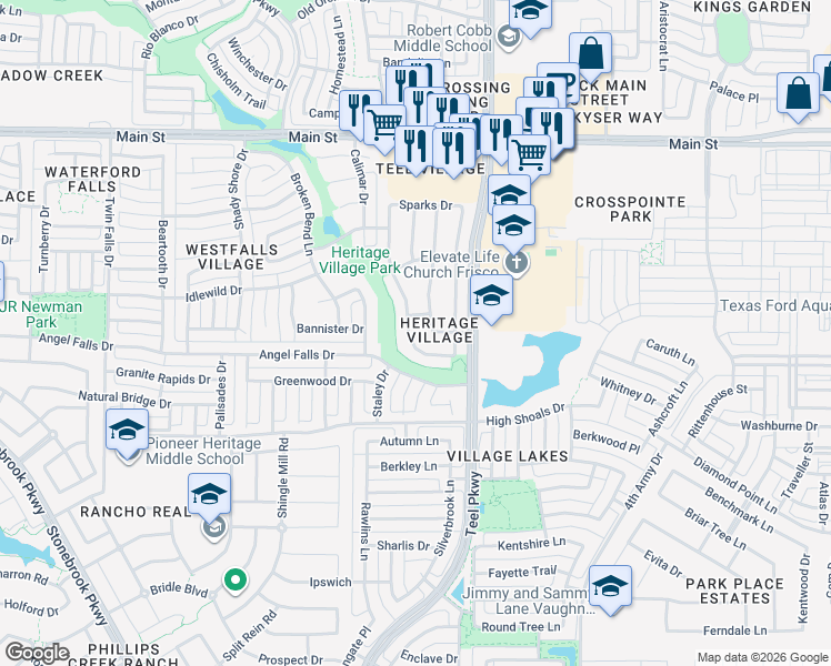map of restaurants, bars, coffee shops, grocery stores, and more near 8266 Robertson Drive in Frisco