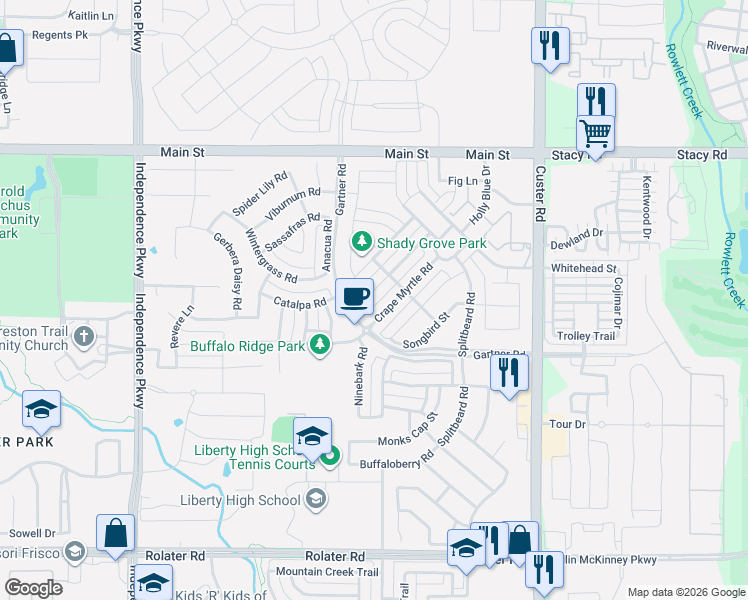 map of restaurants, bars, coffee shops, grocery stores, and more near 15480 Crape Myrtle Road in Frisco