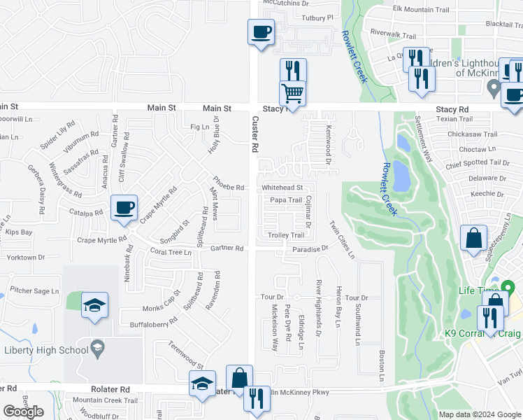 map of restaurants, bars, coffee shops, grocery stores, and more near 5532 Conch Train Road in McKinney
