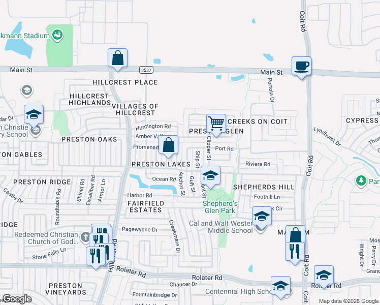 map of restaurants, bars, coffee shops, grocery stores, and more near 8208 Ship Street in Frisco