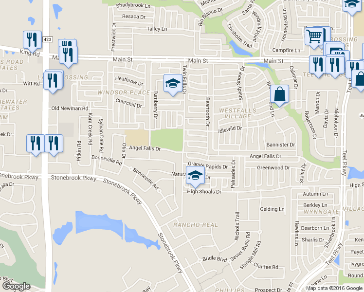map of restaurants, bars, coffee shops, grocery stores, and more near 20 Twin Falls Drive in Frisco