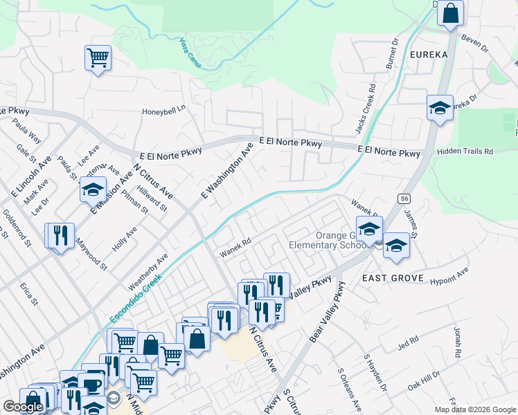 map of restaurants, bars, coffee shops, grocery stores, and more near 2536 White Oak Place in Escondido
