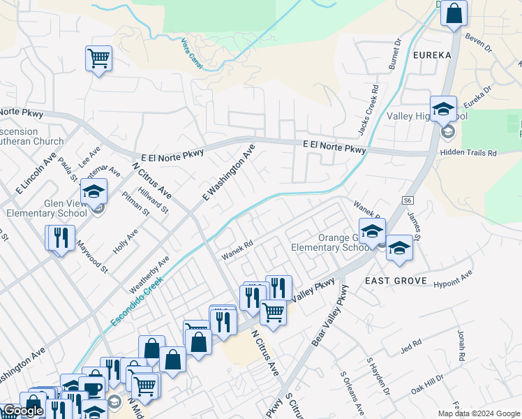 map of restaurants, bars, coffee shops, grocery stores, and more near 2528 White Oak Place in Escondido