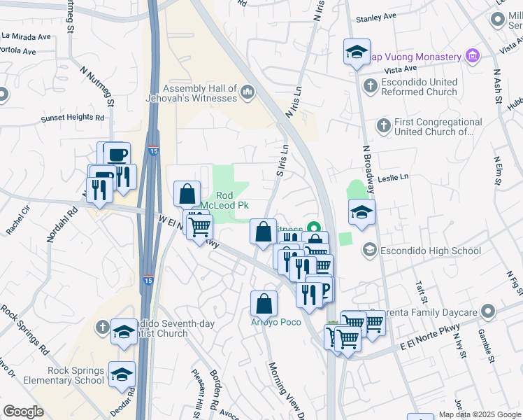 map of restaurants, bars, coffee shops, grocery stores, and more near 1715 South Iris Lane in Escondido