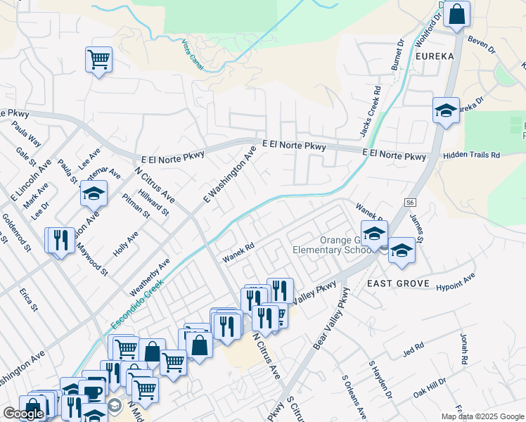 map of restaurants, bars, coffee shops, grocery stores, and more near 2536 White Oak Place in Escondido