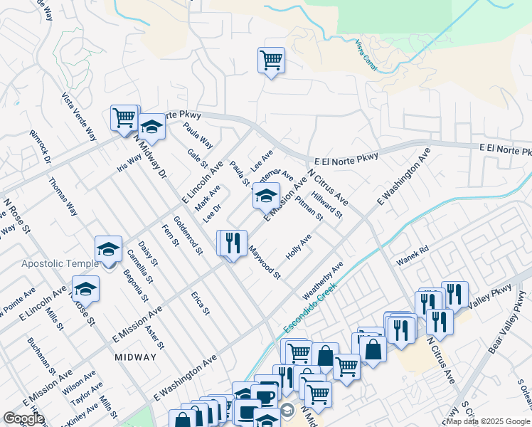 map of restaurants, bars, coffee shops, grocery stores, and more near 2202 East Mission Avenue in Escondido