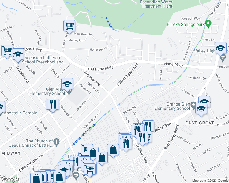 map of restaurants, bars, coffee shops, grocery stores, and more near 2491 Linda Court in Escondido